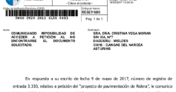 Imagen de la contestación municipal presidida por el alcalde Jose Víctor Rodríguez en la que comunicaron la inexistencia del proyecto de Pavimentación de Ridera