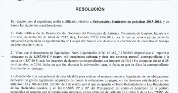 Resolución ordenando la devolución parcial de la subvención para contratos en prácticas.