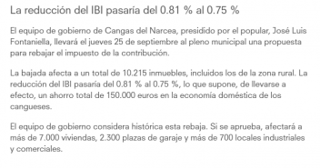 Reducción del IBI en el año 2014 por el equipo de gobierno presidido por Jose Luis Fontaniella