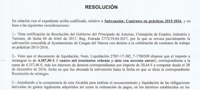 Resolución ordenando la devolución parcial de la subvención para contratos en prácticas.